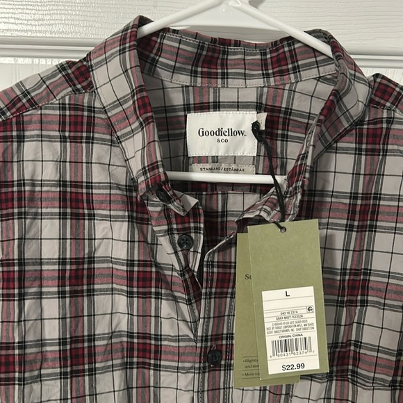 NWT Goodfellow Men’s Button Down Shirt Gray Red Plaid Size Large - Picture 2 of 4